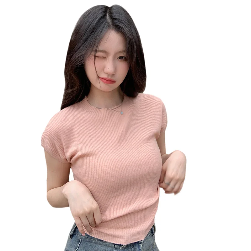 Summer Women Tops Solid Color Knitted Short-Sleeved T-Shirt Round Neck Hollowed-Out Lacing Slim Fashion Casual Knitted Top