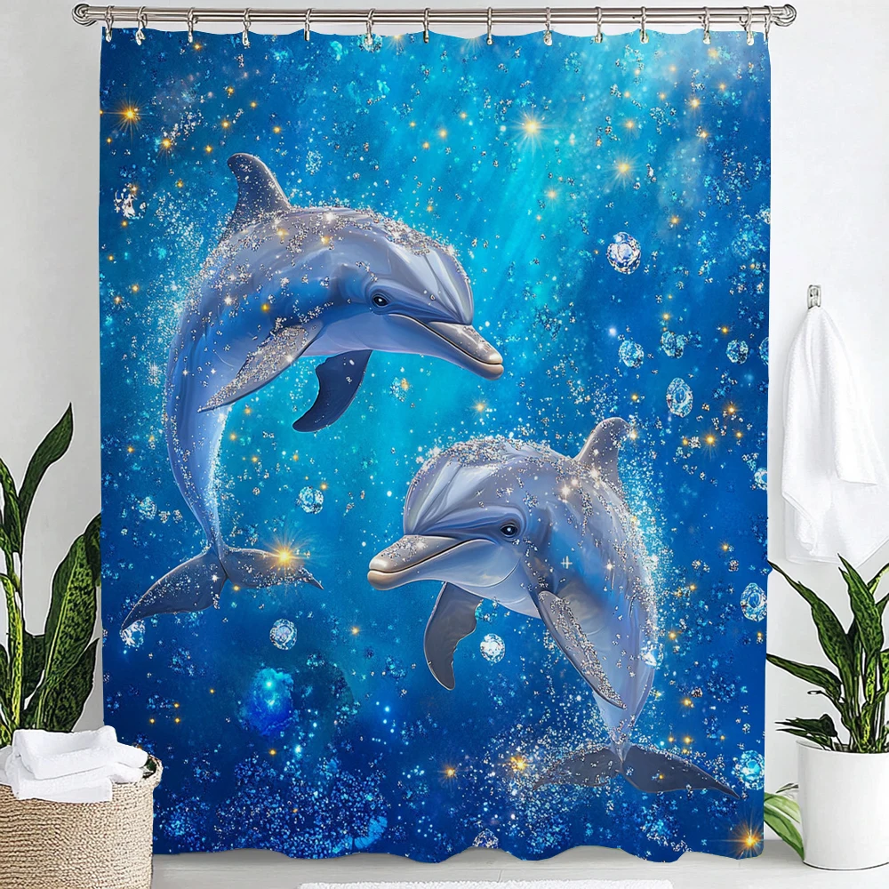 Blue Ocean, Dolphin Print Waterproof Shower Curtain Partition Privacy Hanging Curtain with Hooks Multiple Size Machine Washable