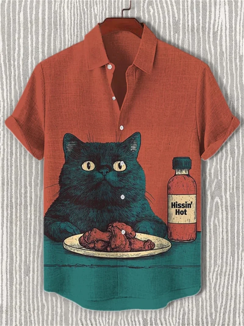 

Гавайская льняная рубашка с короткими рукавами, мужская рубашка с короткими рукавами и принтом кота, топ с воротником для повседневной отпускной одежды, топ