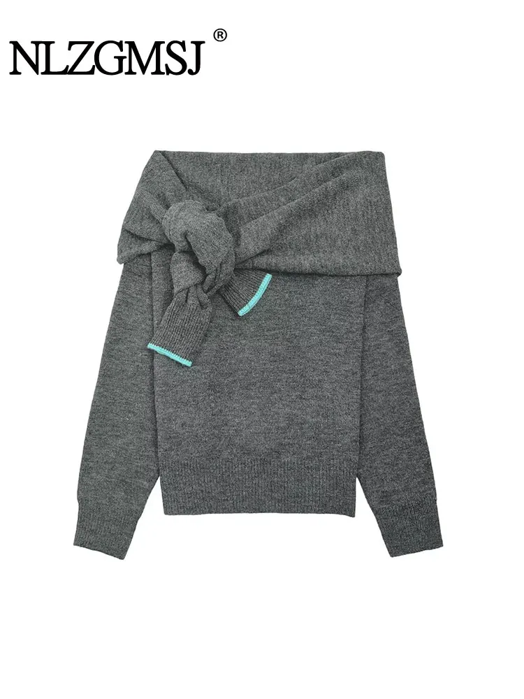 

NLZGMSJ повседневный шикарный женский свитер с однотонным бантом и вырезом на плечах, вязаный свитер с длинными рукавами, модный осенний свитер 2023 г.