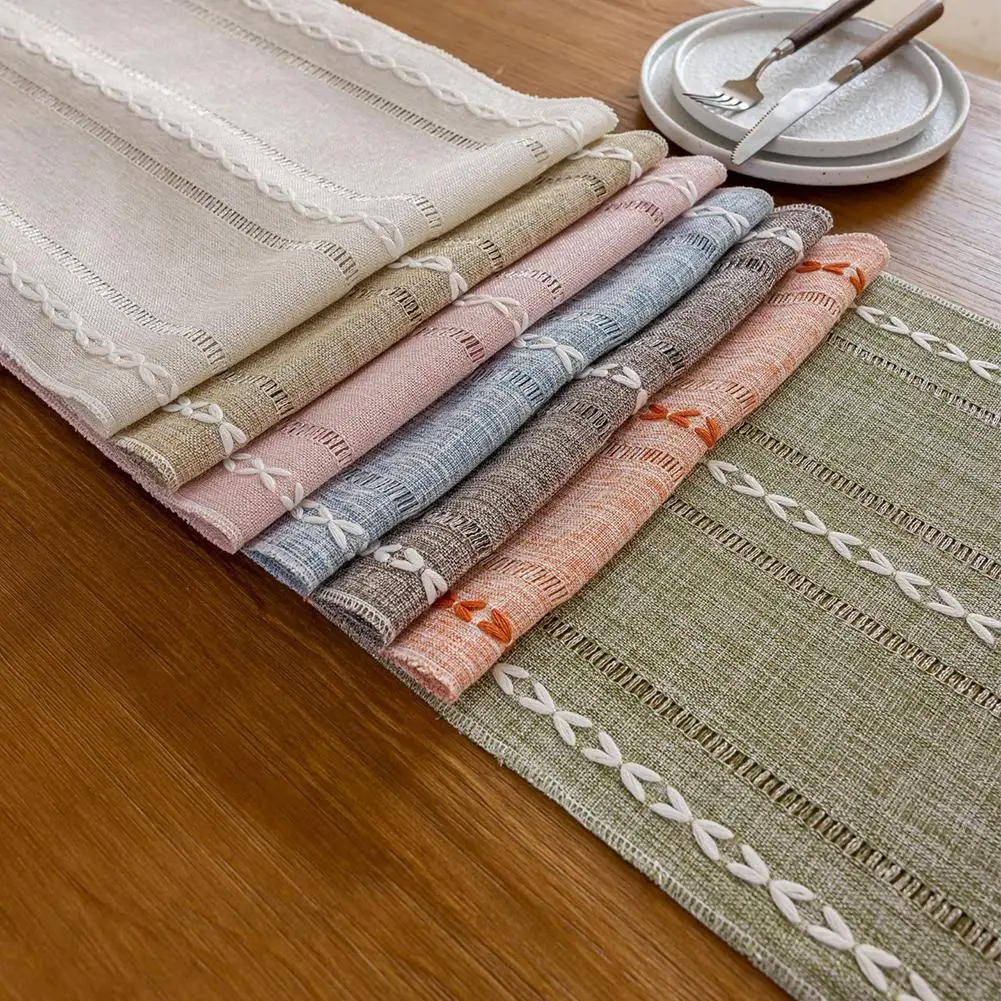 1 Pc 33 X 180 Cm Forest Style Made of Linen Polyester Blend for Dining Table with Embroidered Stripes Hollow Detail and Drape