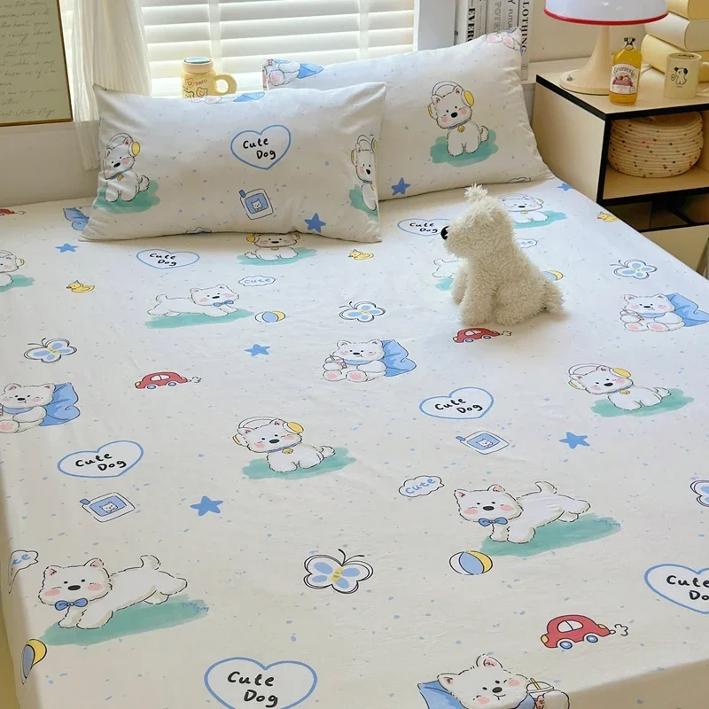 3pcs Cotton Cute Dog Fitted Sheet Set, Cartoon Car Pattern Children Bedroom Bed Cover, Star Print Bedspread with 2 Pillowcases