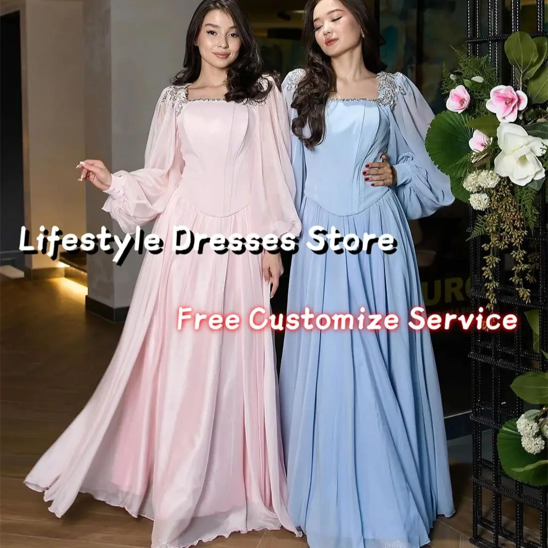 

Square Neck Beaded Appliques Prom Dresses A-Line Long Sleeves Vintage Elegant Long Evening Dresses Wedding Guest Formal Dress