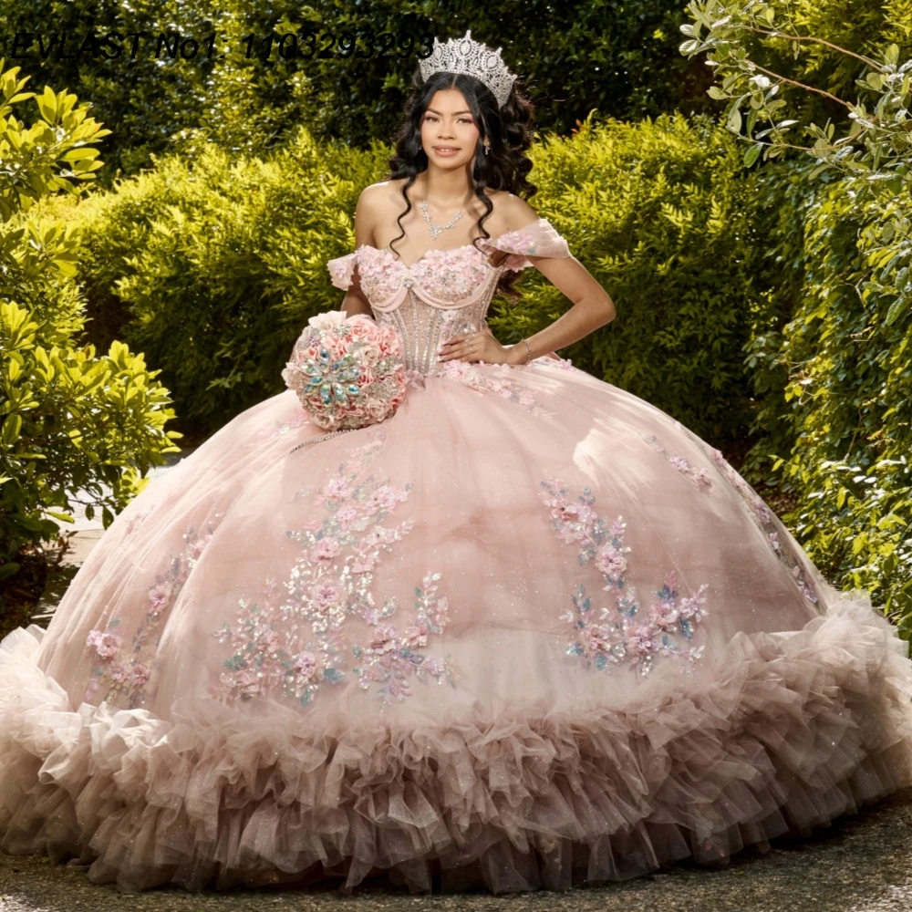 

EVLAST Customized Mexican Pink Quinceanera Dress Ball Gown Sequins Floral Applique Beading Sweet 16 Vestidos De 15 Anos AQ323