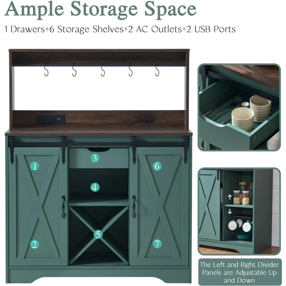 Armadietto da bar con stazione di ricarica e porte USB, porta scorrevole per fienile, credenza da cucina 43 Buffet St