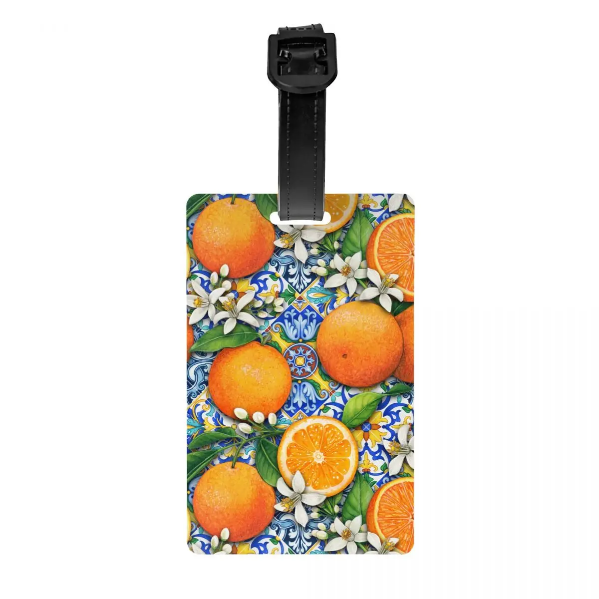 Etiqueta de equipaje personalizada de azulejos de limones y frutas de verano mediterráneo con tarjeta de nombre, cubierta de privacidad, etiqueta de identificación para bolsa de viaje, maleta