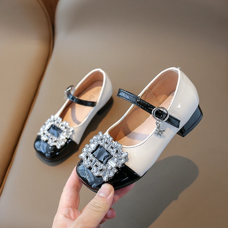 Korean Style Rhinestones Large Buckle Princess Shoes Shallow Mary Janes Hook & Loop Children\'s Fashion Party Wedding Shoes Flat