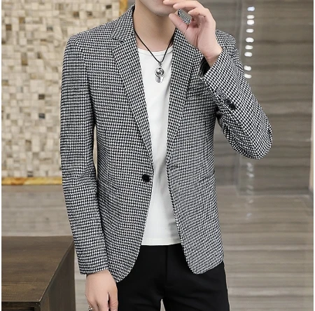 Mens spring suit top jacket Slim Fit Small Suit Casual Single breasted buckle check Coat Top