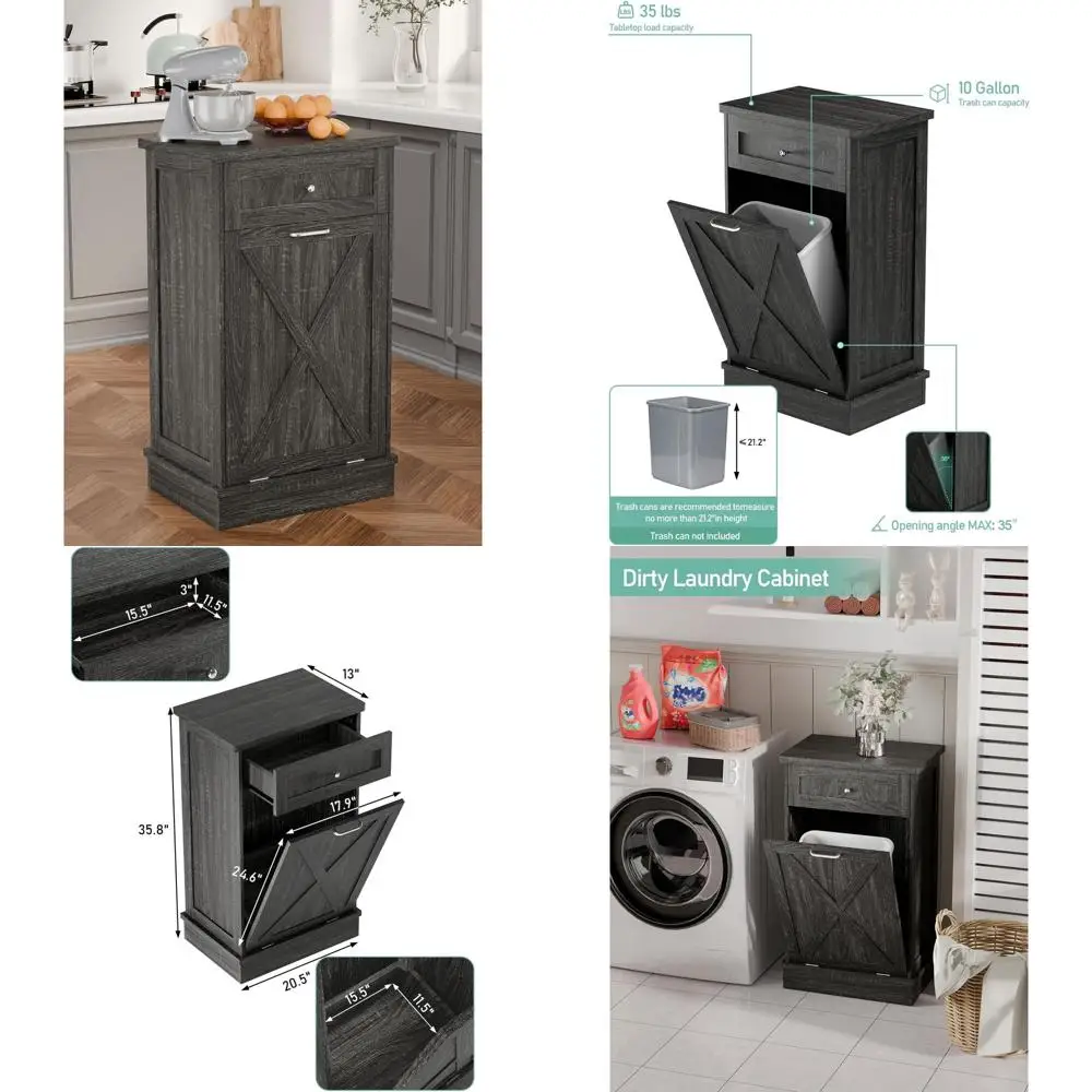 

Antique Barn Door Style Kitchen Island with Solid Wood Top and Grey Wood Laundry Cabinet