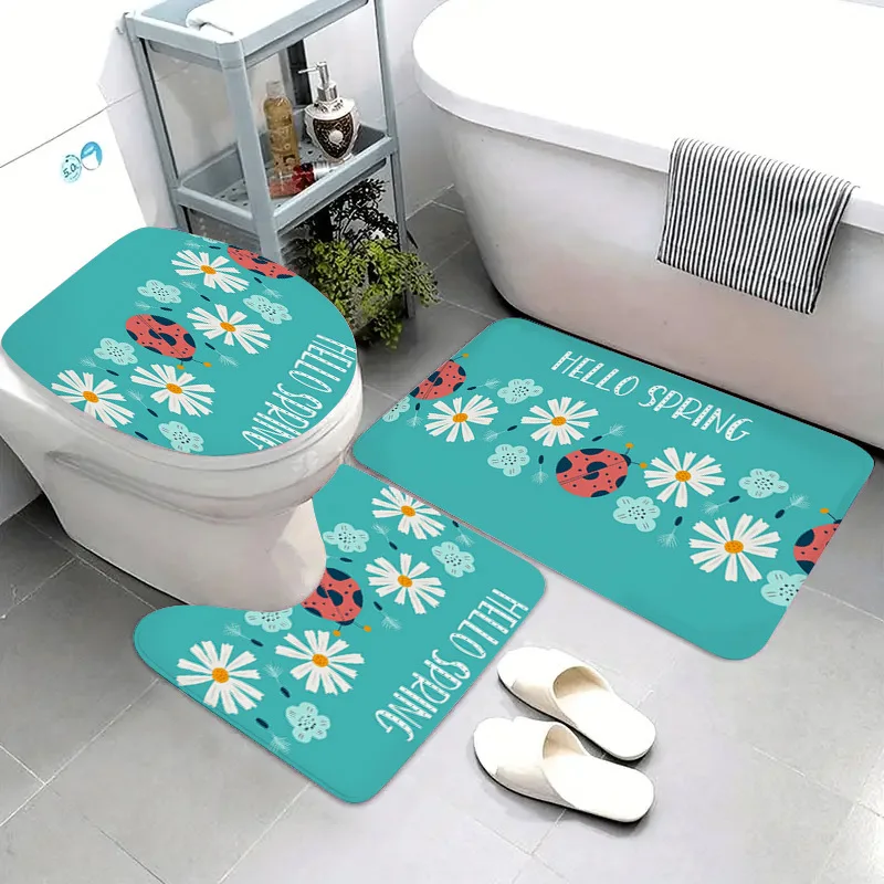 

Cute Ladybug Daisy 3pc Bath Set – Soft Non-Slip Flannel Toilet Lid Cover & Oval Mat, Machine Washable with Adhesive Backing