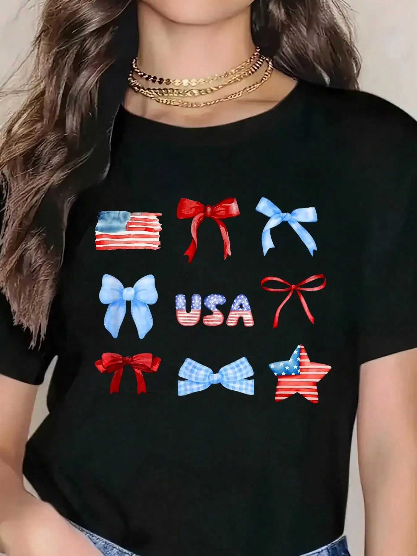 Women's Casual Wear America 1776–2026 USA Flag Coquette Bow 4th Of July T-Shirt Round Neck Short Sleeve Graphic Tee Women's Clohes 100%Cotton Top For Women,Suitable for both holidays and everyday wear.
