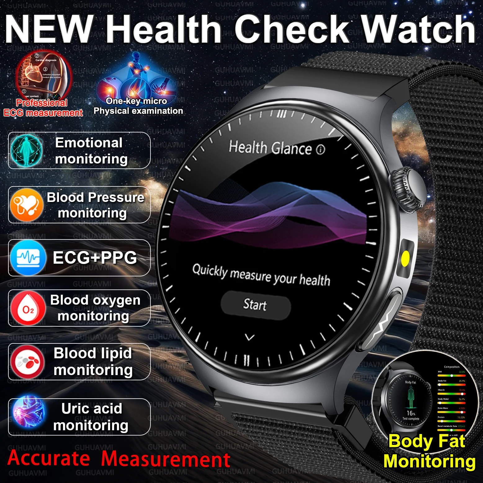 

2026 NEW Professional Health Watch ECG+PPG Body Blood Lipid Blood Pressure Uric Acid Health HD Call Flashlight Smart Watch Men