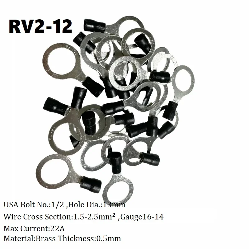 RV2-12 Per 20Pcs Wire Insert 1.5-2.5mm² Crimp Terminal  AWG16-14 Insulated Ring Terminal Tubular Cable Lug Starfix Connector