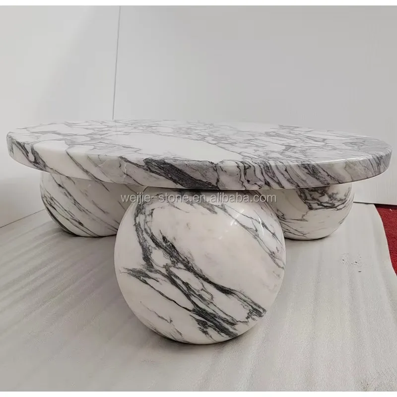 Arabescato White Marble Living Room Table Round Sphere Ball Base Marble Coffee Table Modern Design