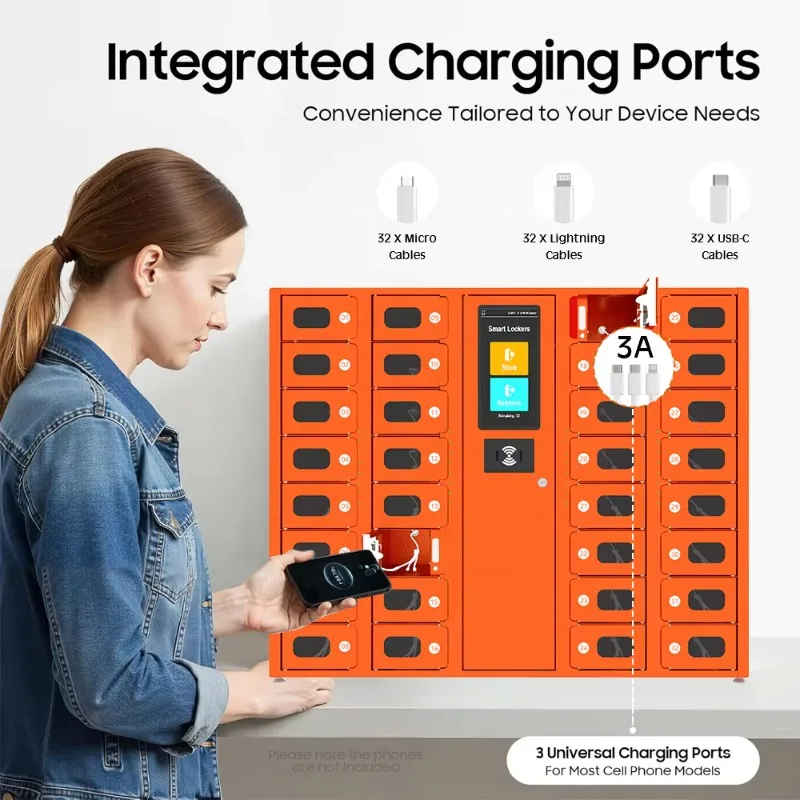 32-slot smartphone charging cabinet with 7-inch touchscreen, 3-in-1 cable connector, wall-mounted security locker