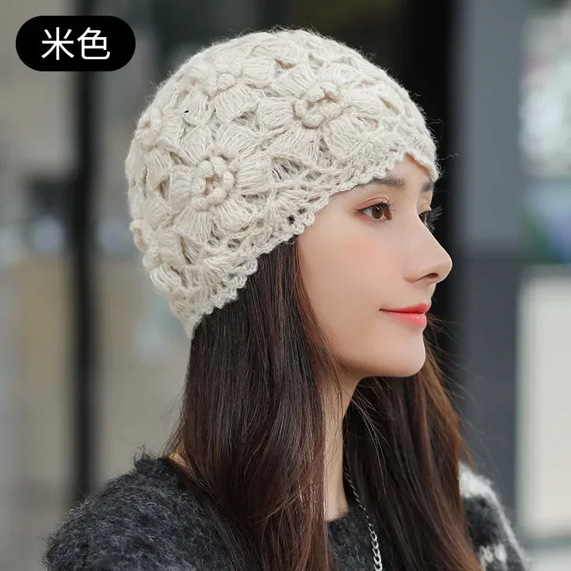 Chic Knitted Hat Winter Women\'s Retro Literature Art Crochet Flower Hollow Out Cap Women Fashion Beret Woolen Cap