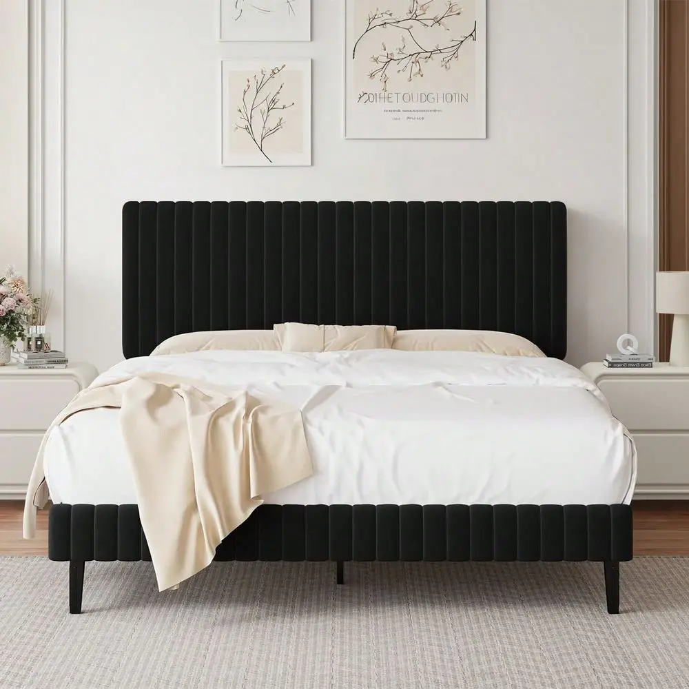 Full Queen King Size Bed Frame, Velvet Upholstered Bed Frame With Headboard And Footboard, Vertical Channel Tufted Headboard, N