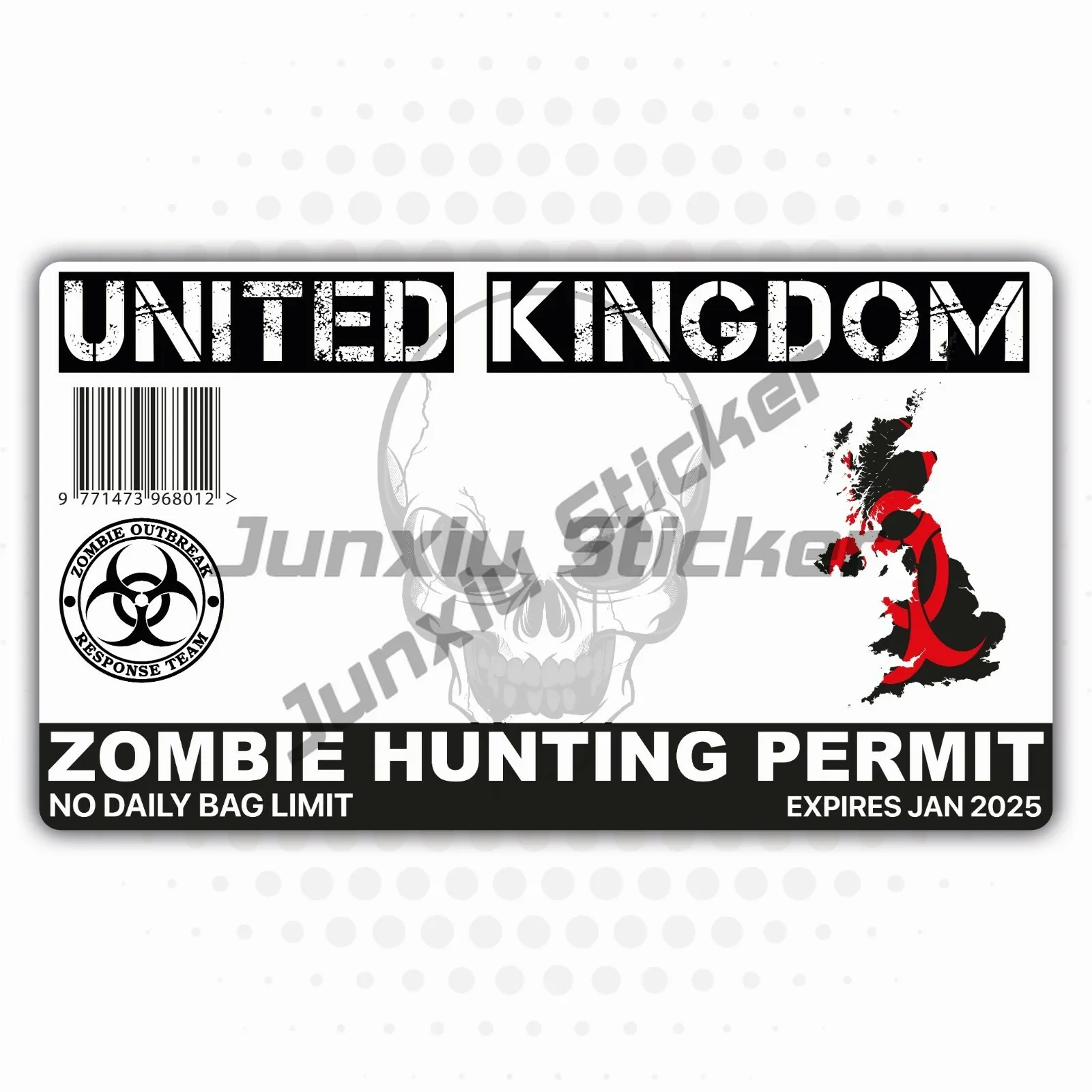 

Zombie Hunting Permit Vinyl Sticker Car Van Taxi Funny Skull United Kingdom