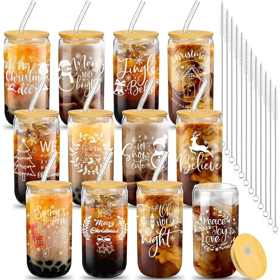 

12 Pack Christmas Glass Cups 16 oz Christmas Mason Jars with Lids and Straws Xmas Tumbler Drinking Glasses Beer Can Shaped Coff