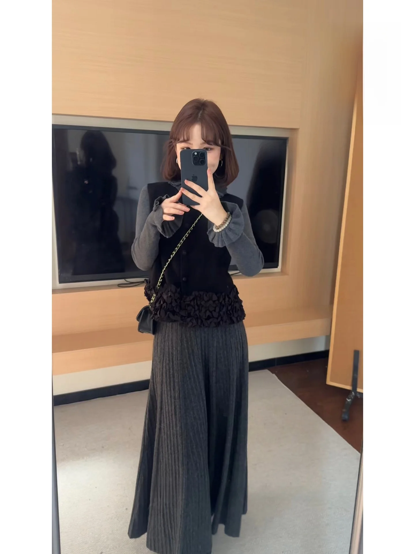 

Muss Moonlight Design Каштановый Запад Осень Зима Элегантность Внутренняя одежда Вертикальная полоска f Юбка Футболка Комплект с высокой талией