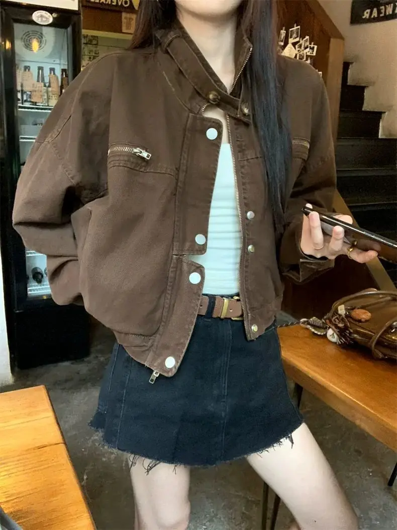 Women's Vintage Washed Denim Jacket Chic Cropped Zipper Cargo Coat Spring Autumn Casual Loose Trucker Outerwear