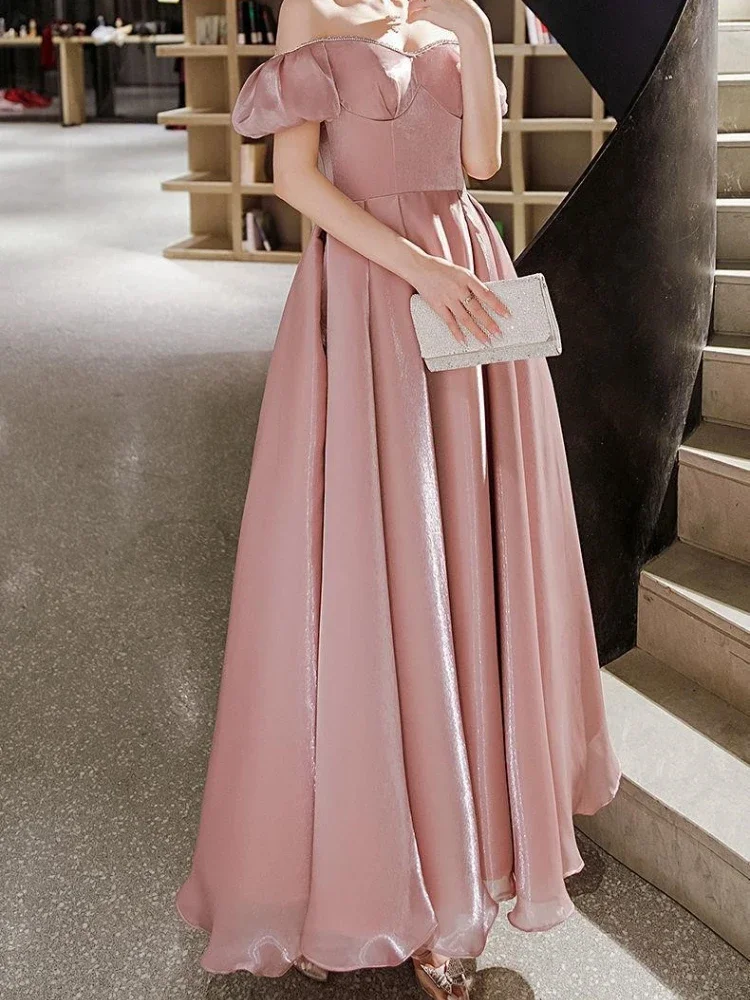 Customized New Temperament Korean Slash Evening Dresses Simple Solid Slim Fit Long Korean Gorgeous Party Dress Soft Moda Sweet F