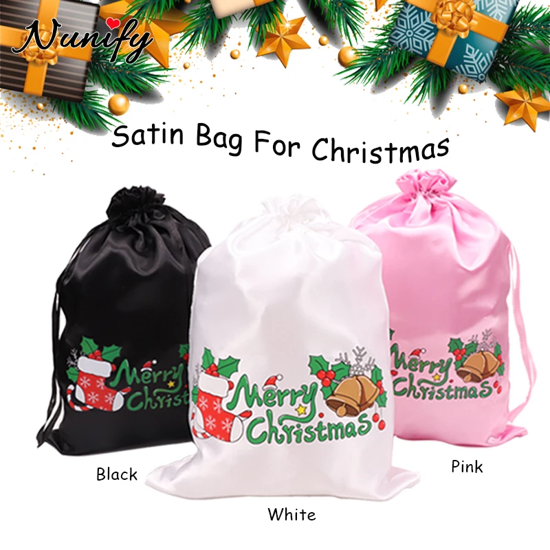 Tas serut Satin untuk kemasan rambut 25x35cm tas wig dengan stoking Natal cetak kemasan sutra tas penyimpanan kantong hadiah