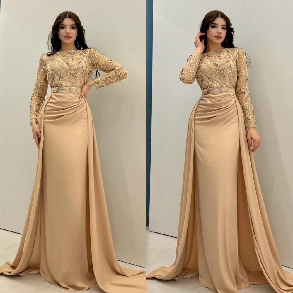 

Exquisite Jewel Neck Mermaid Celebrity Dresses Beading Paillette Sequins Shirred Floor length Satin Evening فستان حفلات الزفاف