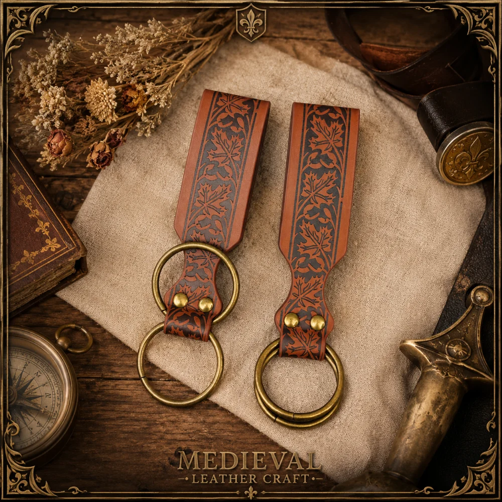 Maple Leaf Embossed Leather Belt Loops With Double O Rings, Medieval Renaissance Belt Hanging Accessories, Witch Elf Cosplay Wai