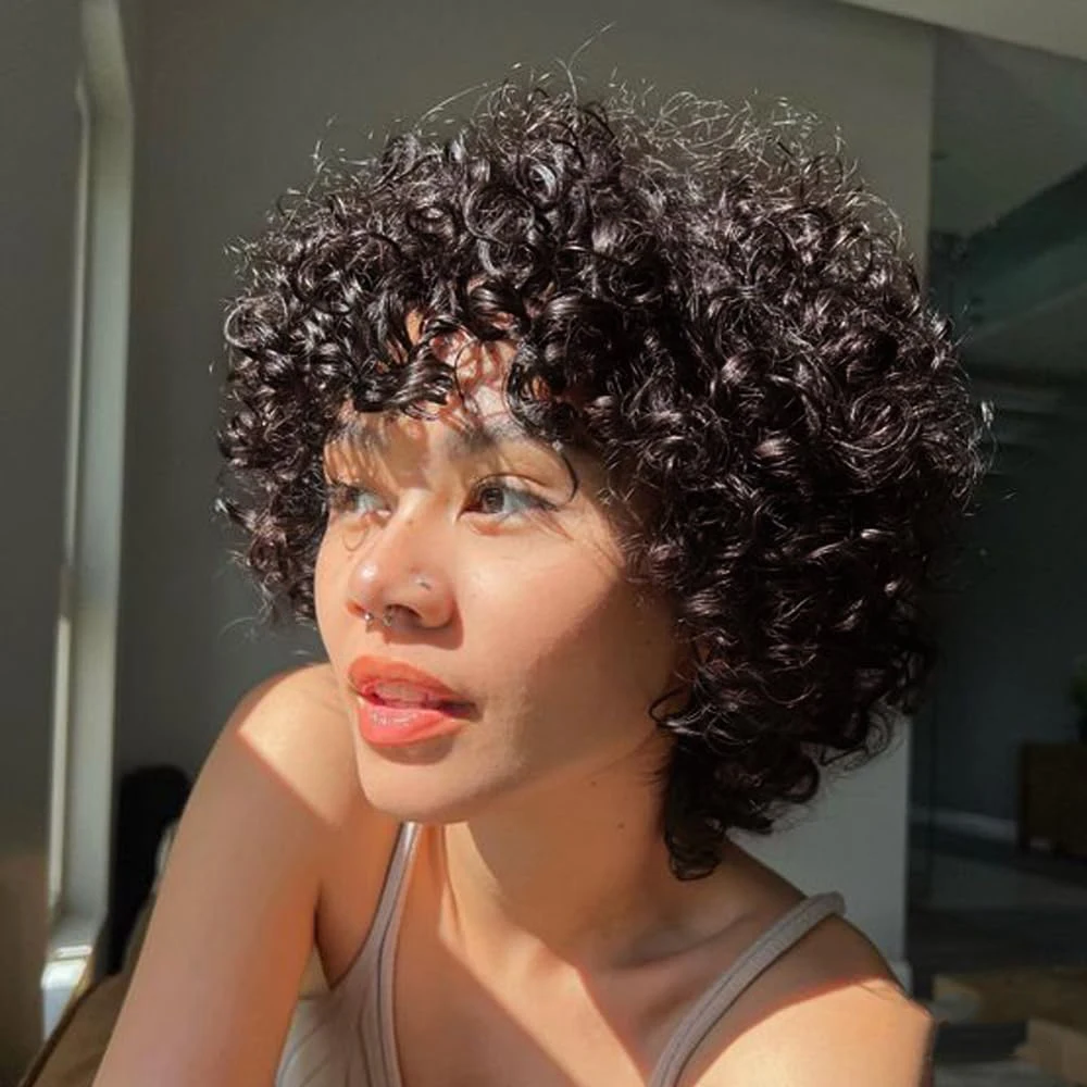 غريب مجعد موجة المياه قصيرة عابث قطع شعر مستعار البرازيلي خصلات الشعر المستعار الإنسان مع الانفجارات قبل قطعها للنساء السود كامل آلة صنع