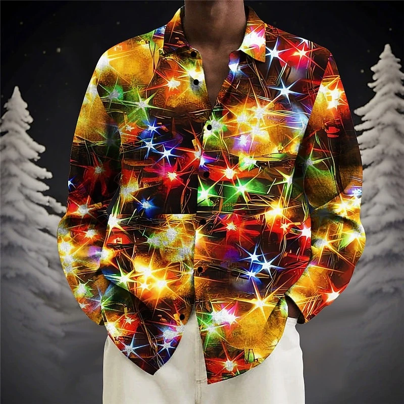 Color Flashing Lights Shirt Men's Clothing 3D Print Colorful Graphic Long Sleeve Lapel Button Shirts Fashion Music Party T Shirt