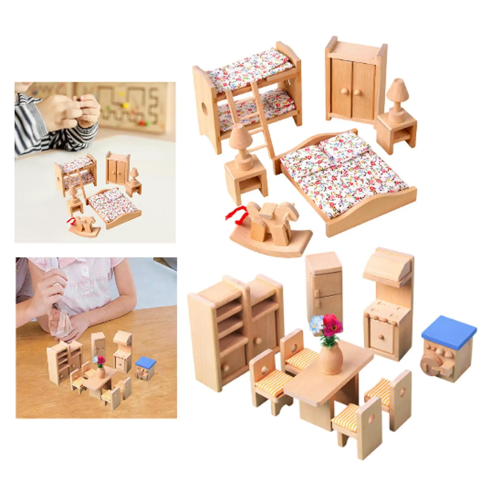 Juego de muebles de madera para casa de muñecas, accesorios para juegos de rol, escenas de bricolaje para niños de 3 años en adelante