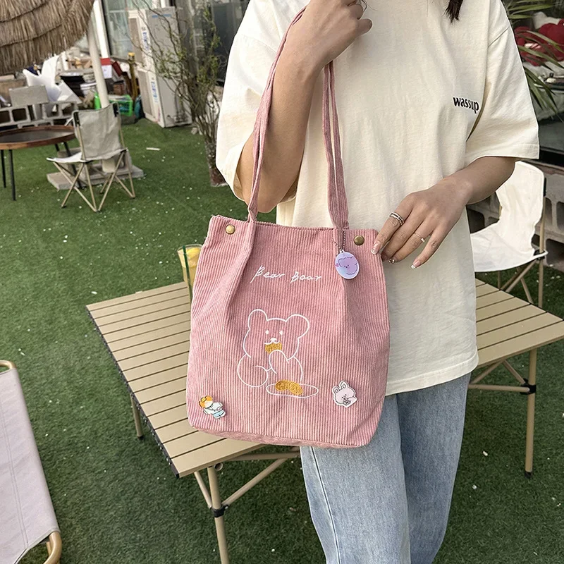 Women Corduroy Shoulder Bag High-capacity Bear Ladies Casual Handbag Tote Bag Reusable Large Capacity Cotton Shopping Beach Bags