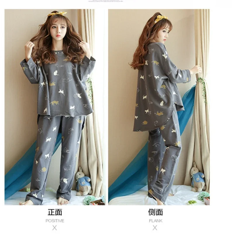 Cartoon Cotton Pajamas Women\'s Spring and Autumn Models Long-sleeved Home Service Women\'s Simple Loose Casual Suit Large Size