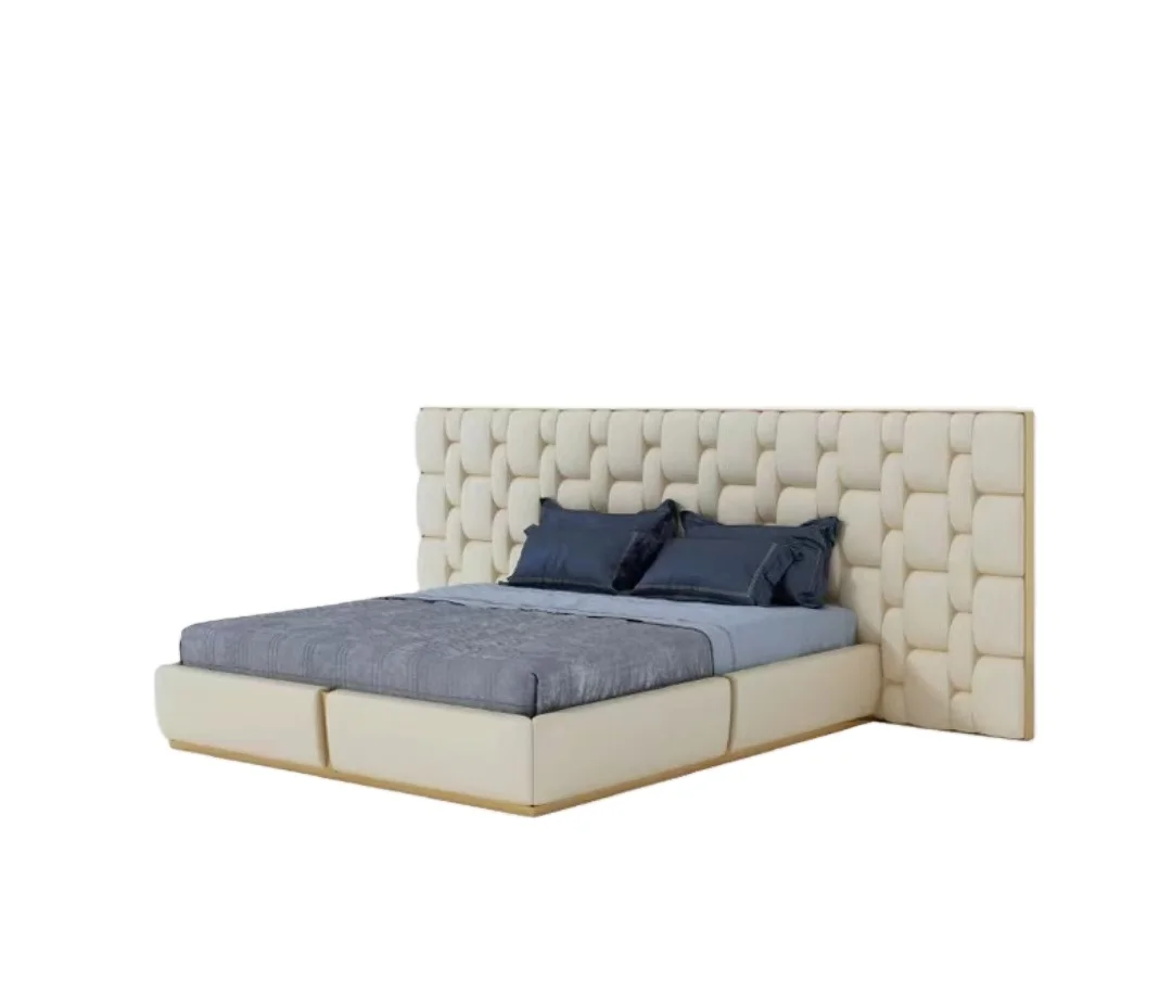 

#￥Factory Price Minimalist Wooden Luxury Leather Bed Modern Bedroom Furniture king Size Bed High End Big Headboard Bed