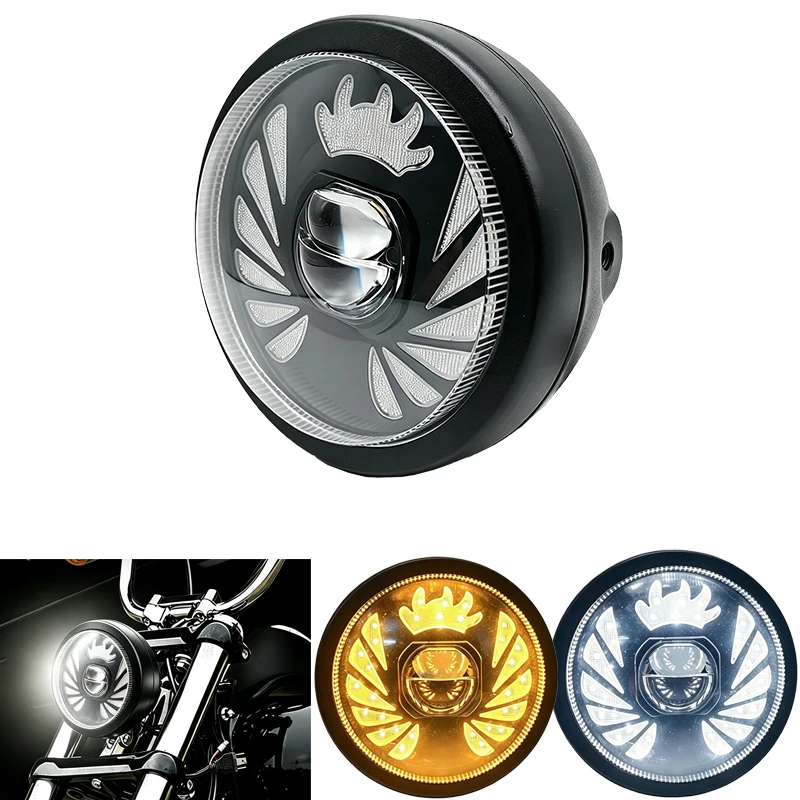 5.75 Inch Universal Round LED Motorcycle Headlight with Projector Halo Ring, White Yellow DRL, Waterproof, Plug & Play 1PCS 12V
