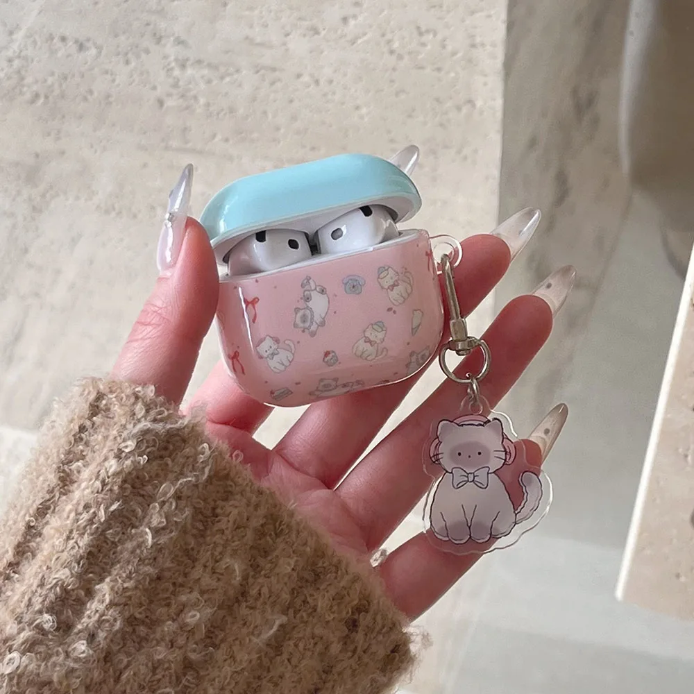 حافظة لأجهزة AirPods 4 ANC Pro 2 كارتونية على شكل قطة مع فيونكة بلوتوث ملحقات سماعات الأذن غطاء لسماعات AirPods 1 2 3 4th حافظة ناعمة سلسلة مفاتيح