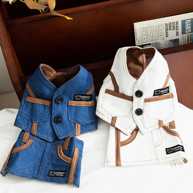 

Pet Jean Waistcoat for Dogs Soft Denim French Bulldog Apparel Puppy Costumes for Small Medium Dogs Jeans Shirt Pant Fashion Sets