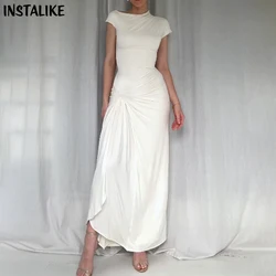 InstaLike Ruched Luxury Elegant High Slit Long Dress Women O Neck Short Sleeve Ankle-Length Dress Fashion Office Lady Clothing