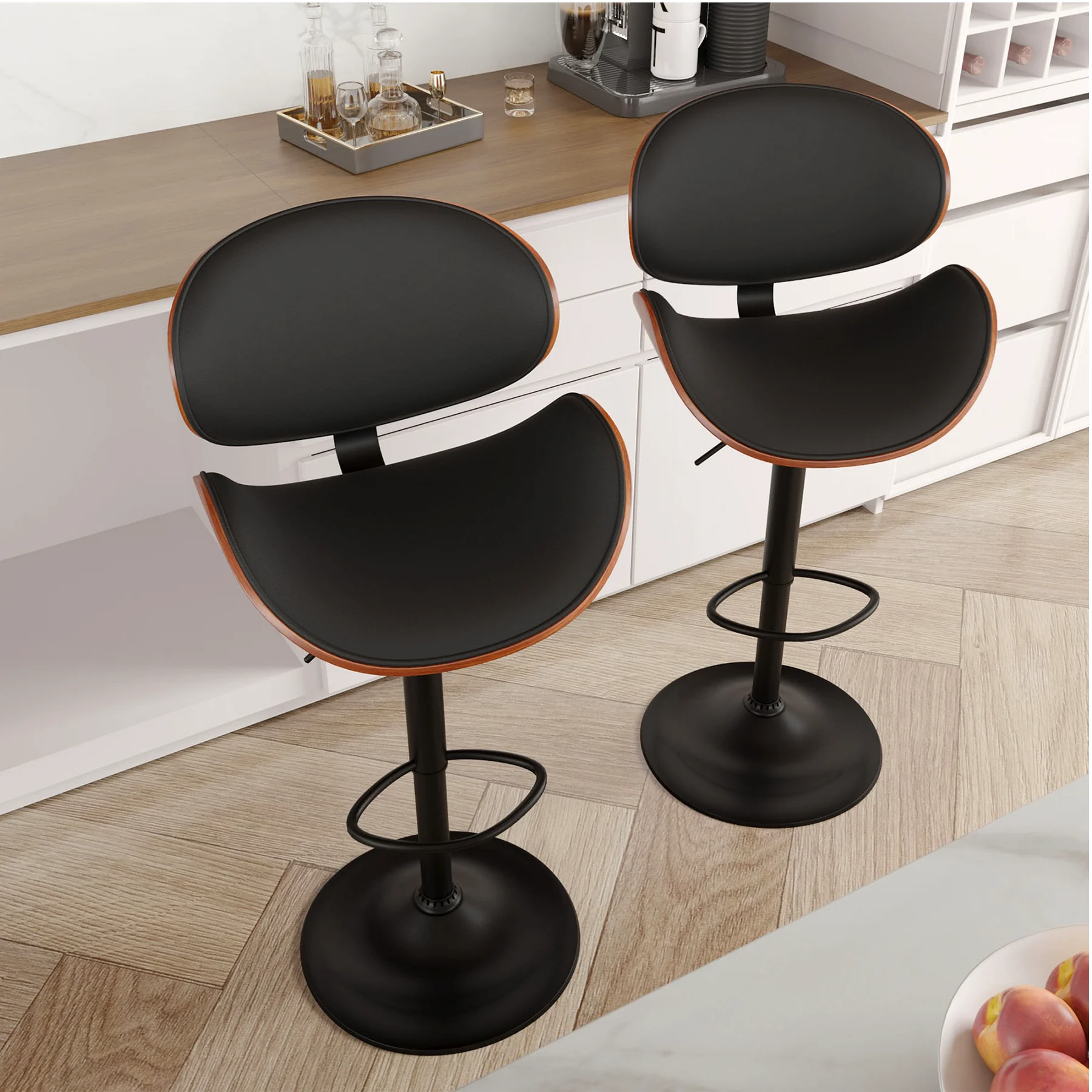 Rotativo Bar Stool Set com encosto e Footstool, PU Couro Almofada, Contra Altura, Bar Chair, Cozinha e Restaurante, 2 pcs