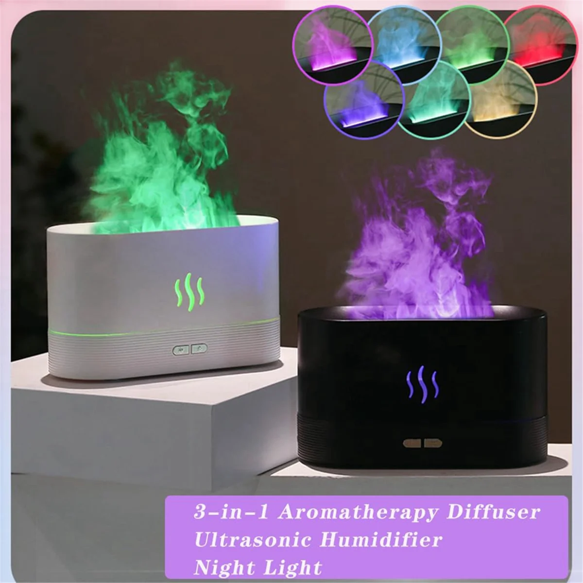 Difusor de óleo essencial umidificador, umidificador com difusor de umidificador de luz de chama de 7 cores