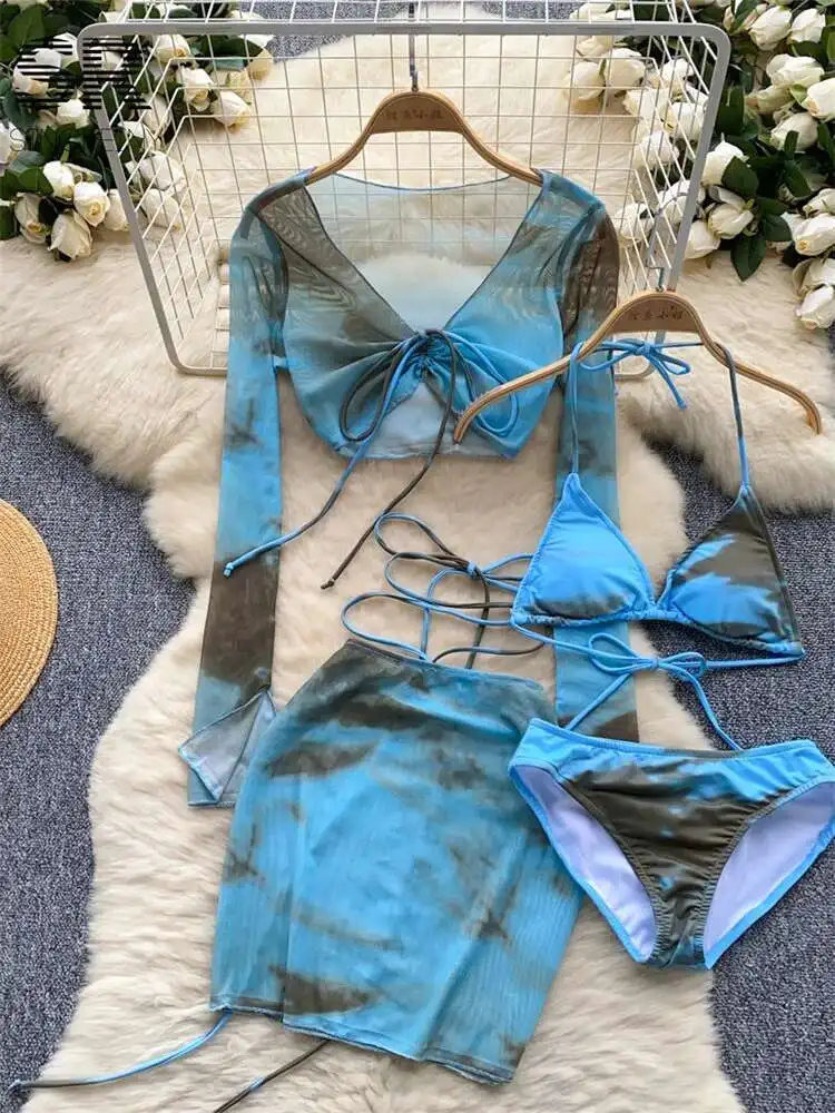 BabYoung Ternos Sexy Mulheres Verão Regata + Leggings Triangulares + Camisa de Manga Longa + Saia Curta Bodycon Conjuntos de 4 Peças de Férias