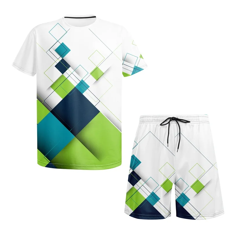 New Men's Short Sleeve Suit, 3d Geometric Print, Fashion Trend Men's Short Sleeve/Shorts Two-piece, Summer Street Casual Sports