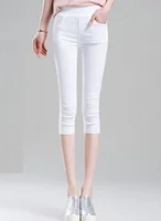 Pantalones capris elásticos para mujer, cintura elástica, cómodos, ajustados, recortados, pantalones vaqueros con botones delanteros, informales, transpirables