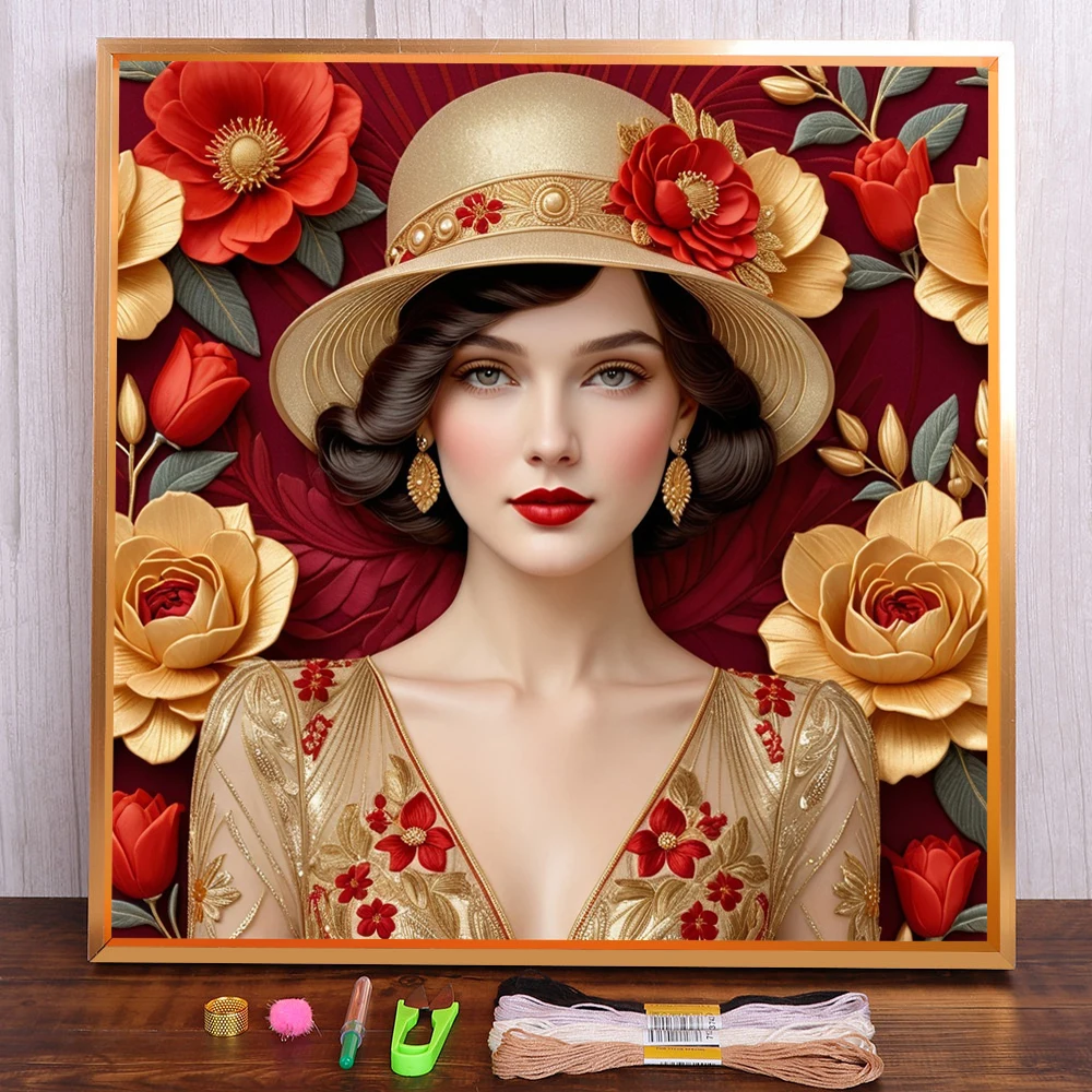 

Portrait Girl Flower Printed Canvas Cross Stitch DIY Embroidery Kit Handmade Knitting Handiwork Sewing Stamped Room Decor Needle