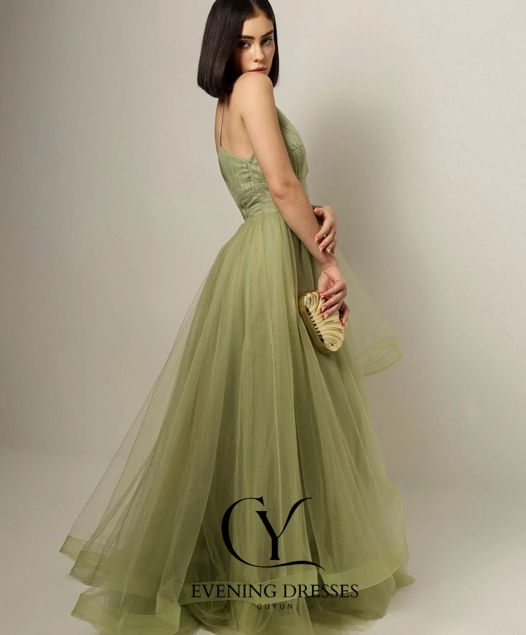 CUYUN Sage-vestidos elegantes de graduación con tirantes finos para mujer, vestidos de noche de tul suave con cuello en V personalizados, vestido de fiesta 2026