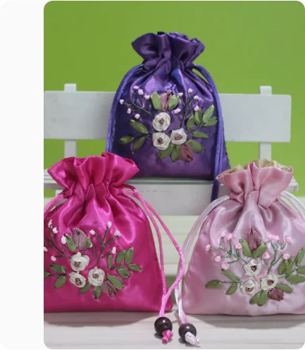 Ribbon Embroidery Small Silk Gift Bags for Jewelry Packaging Drawstring Empty Tea Candy Pouches Wedding Favor 50pcs/lot