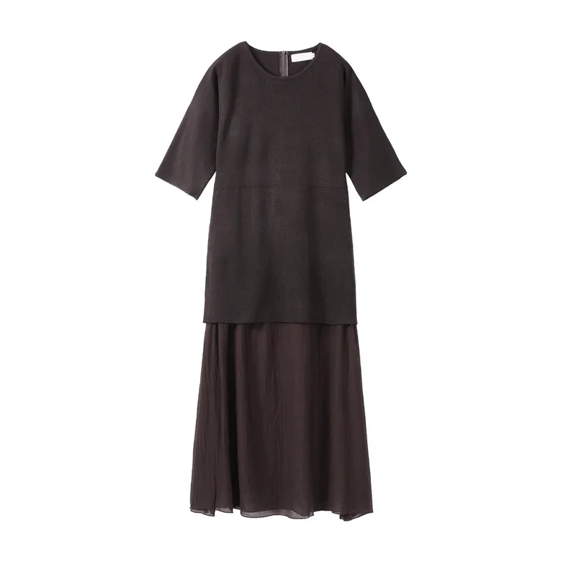 Bonny moda lavorato a maglia manica corta patchwork pieghettato abito longuette donna elegante o-collo a vita alta abito lungo da festa abito da donna