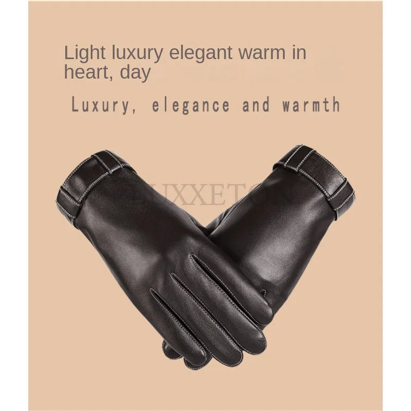 

Leather Gloves Men's Autumn and Winter Wash Leather PU Plush Warm Cycling Motorcycle Touch Screen Winter Gloves