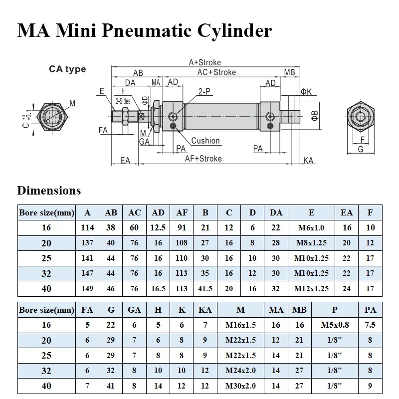 MA16 20 25 32 40 Pneumatic Cylinder 25 50 100 125 150 200 300 400 500mm Stroke Stainless Steel Double Acting Mini Air Cylinders